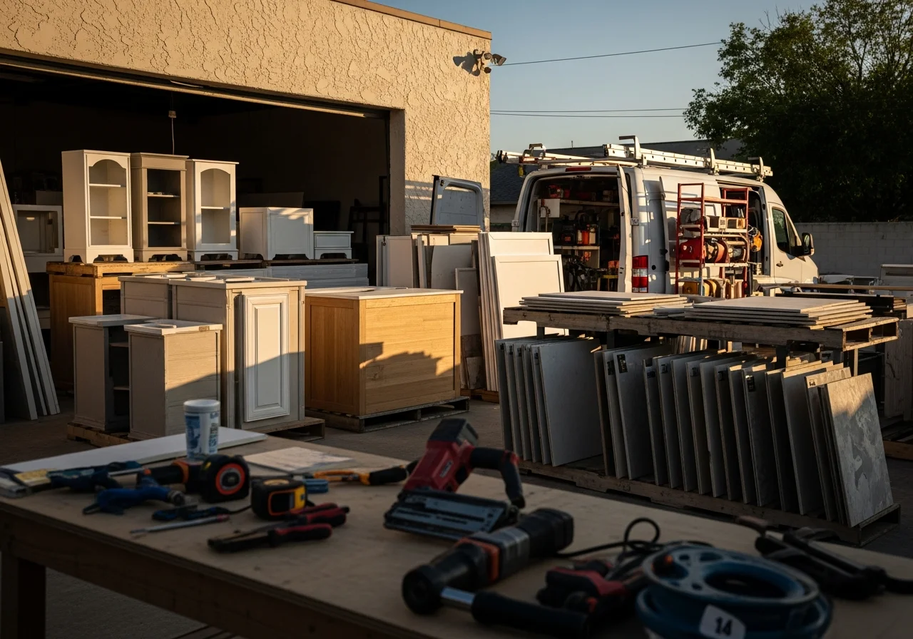 Remodeling crew with tools and equipment ready for kitchen and bathroom renovation projects.