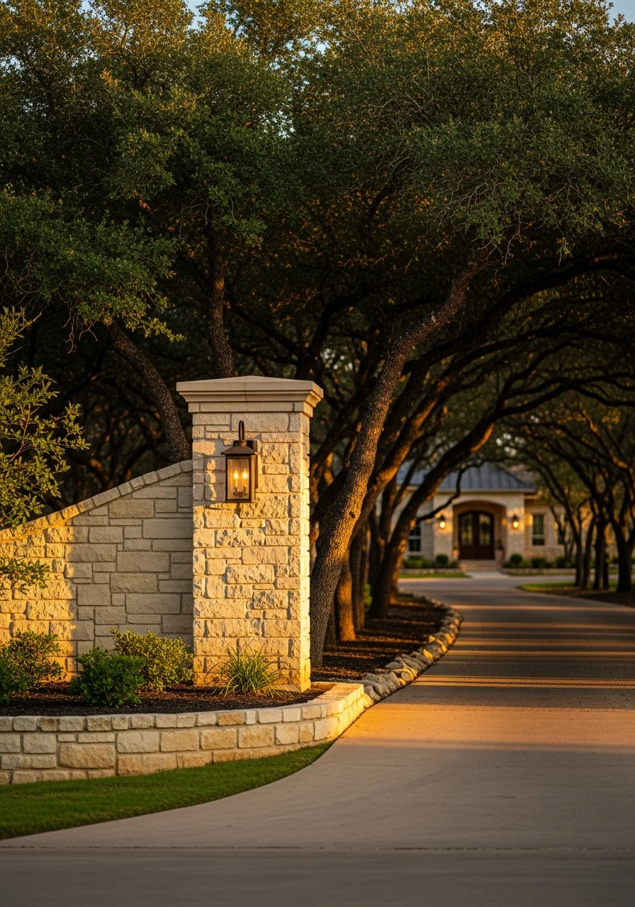 Detailed view of a Fair Oaks Ranch property entrance with stone pillars and tree-lined driveway.
