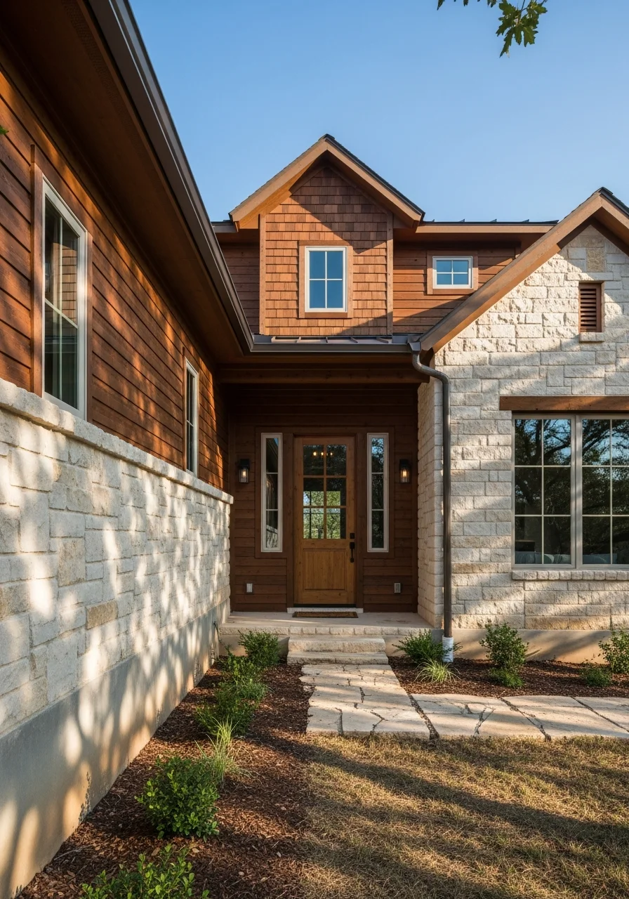 Helotes home exterior with natural landscape features and Hill Country architectural style.
