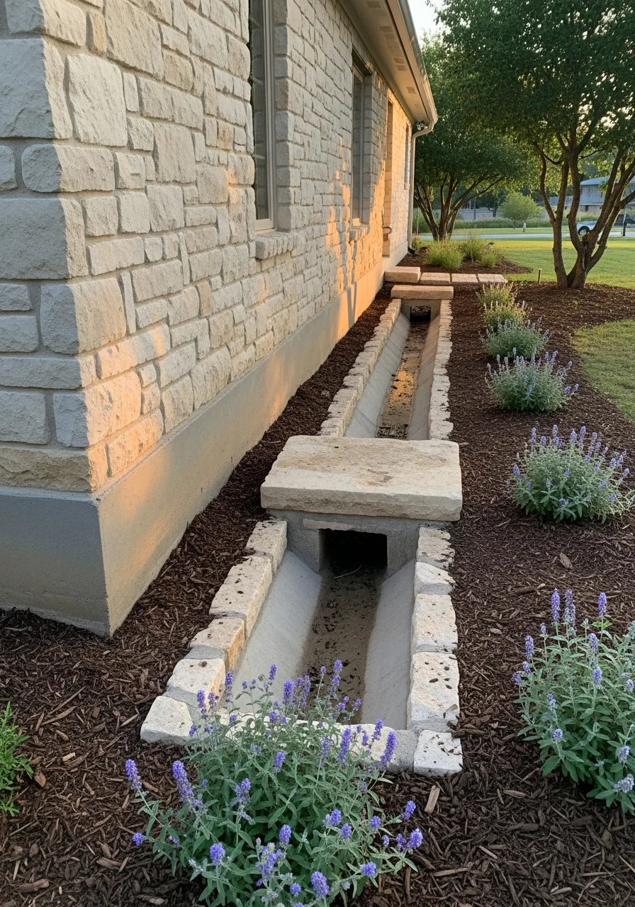 Detail of a New Braunfels property exterior with drainage features and vegetation suited to the river region.