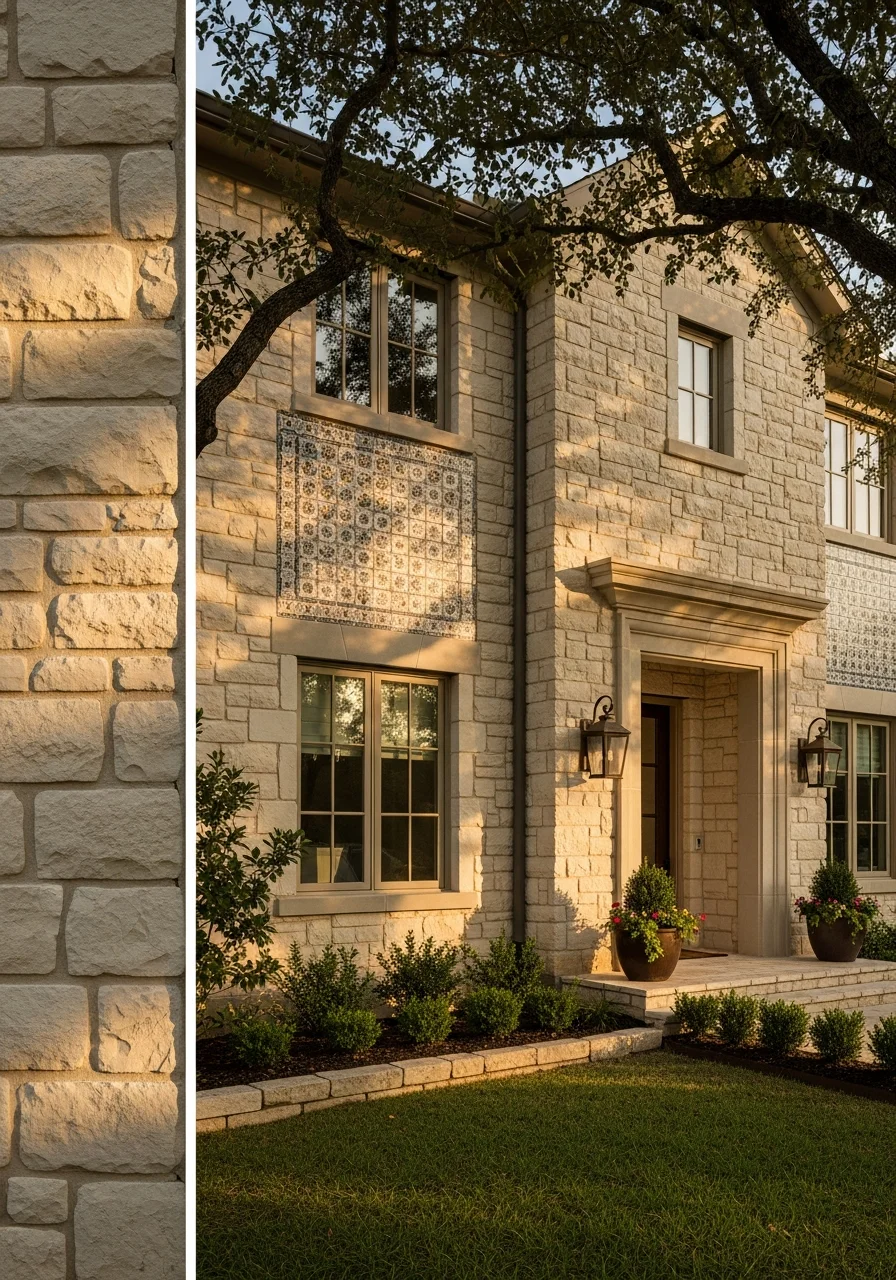 Close-up of a San Antonio home's exterior with mature landscaping and traditional architectural details.
