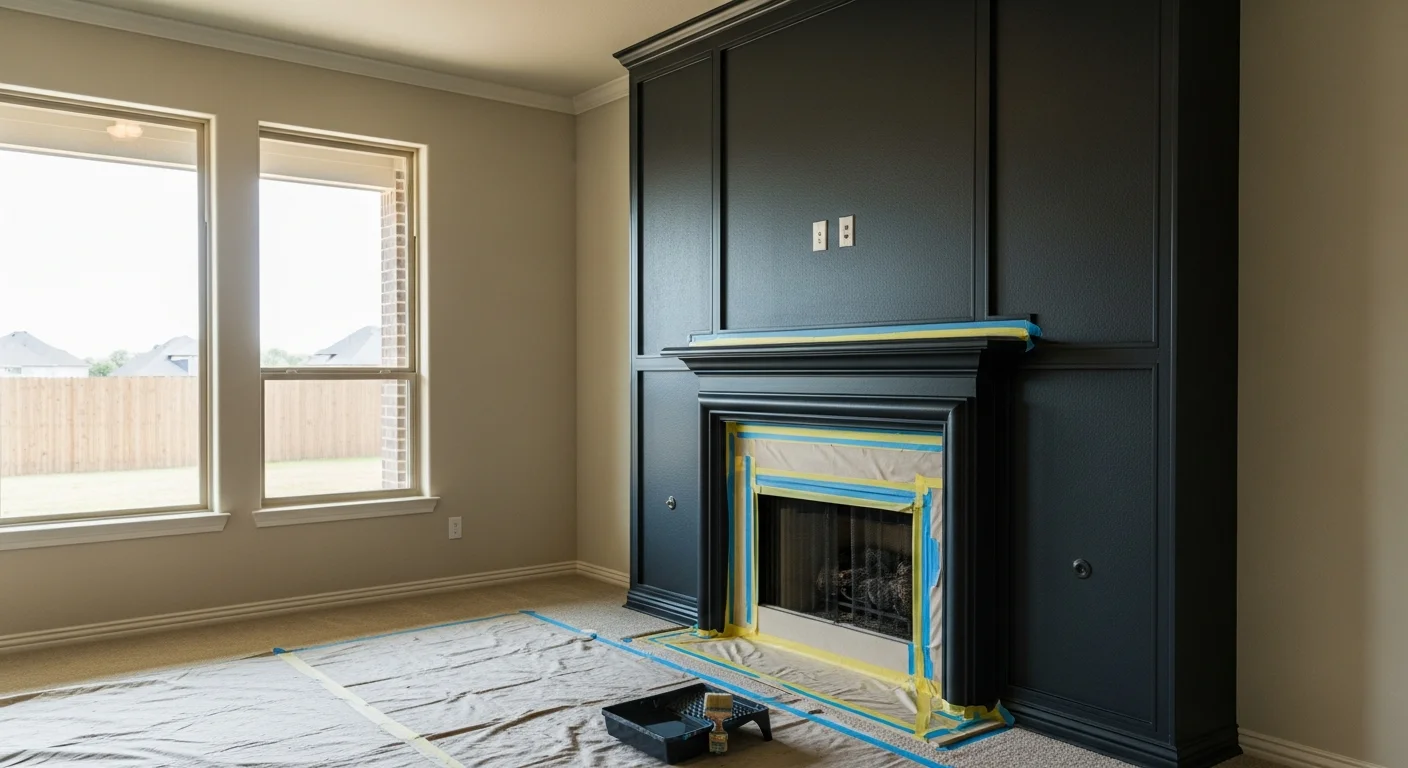 A freshly painted deep charcoal accent wall behind a stone fireplace in a custom Fair Oaks Ranch home interior, with clean edges and warm-toned surrounding walls. The room features large windows with natural Hill Country light and neutral furnishings that contrast the bold focal wall.