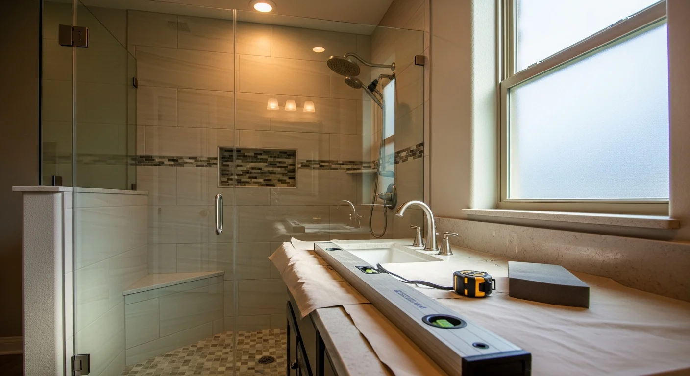 A remodeled bathroom in a Fair Oaks Ranch, TX home featuring a walk-in tile shower, updated vanity, and new fixtures. The space reflects a clean, modern design suited to a Texas Hill Country custom home.