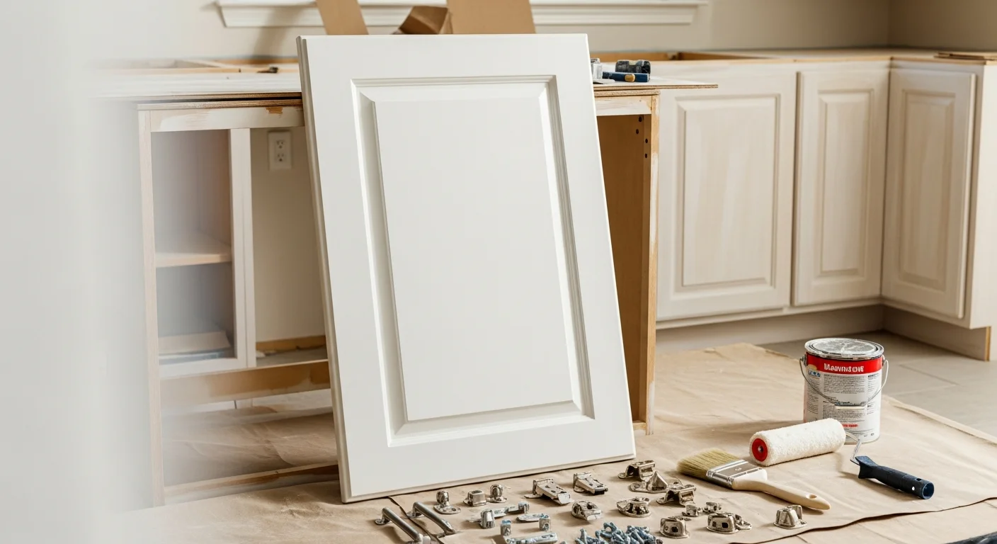 Freshly painted white kitchen cabinets with clean lines and smooth finish inside a Fair Oaks Ranch, TX home. Cabinet doors are rehung and drawer faces are fully coated with an even, matte finish.