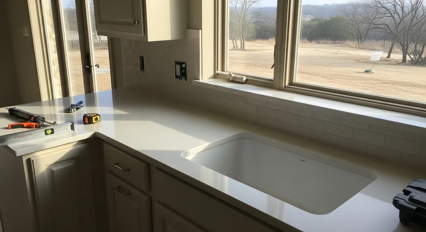 Newly installed stone countertop in a Fair Oaks Ranch kitchen with an undermount sink cutout and finished edge detail. The open-concept layout reflects the style common in Hill Country single-family homes in the area.