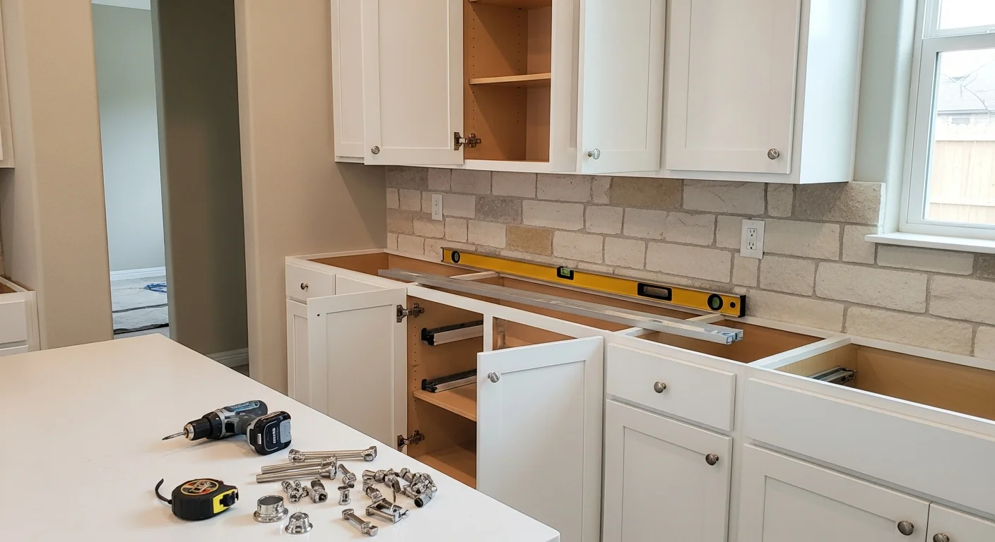 Newly installed custom wood cabinets lining the walls of a Fair Oaks Ranch kitchen, with aligned door fronts, brushed hardware, and open upper shelving above a stone-look countertop. A Garcia Remodeling installation showing floor-to-ceiling cabinet coverage in a Hill Country-style home interior.