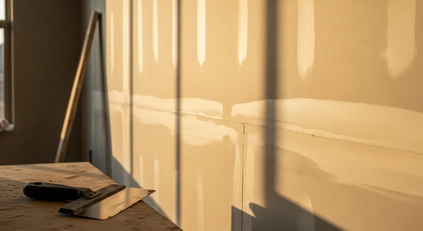 A freshly finished drywall wall inside a Fair Oaks Ranch, TX home showing smooth, paint-ready surfaces with clean corners and consistent texture. A contractor from Garcia Remodeling applies final joint compound to a seam in a large open-plan room during a home remodel.