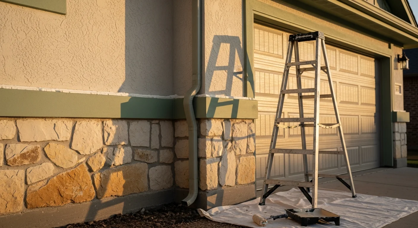 A freshly painted two-story stucco home in Fair Oaks Ranch, Texas, with clean white trim and a neutral exterior color against a backdrop of mature oak trees. Garcia Remodeling exterior painting work shown on a large residential lot typical of the Hill Country community.