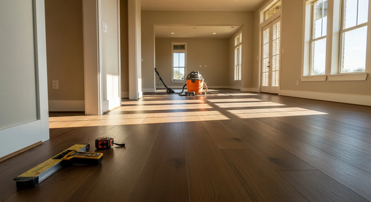 Freshly installed flooring in a large open-concept living area of a single-story home in Fair Oaks Ranch, Texas. The room features high ceilings and wide plank flooring running from the foyer through the main living space.