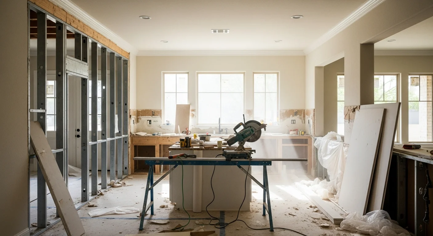 Interior demolition in progress inside a Fair Oaks Ranch home, with drywall removed from a kitchen wall and debris staged for removal. The surrounding flooring and adjacent rooms are protected with drop cloths.