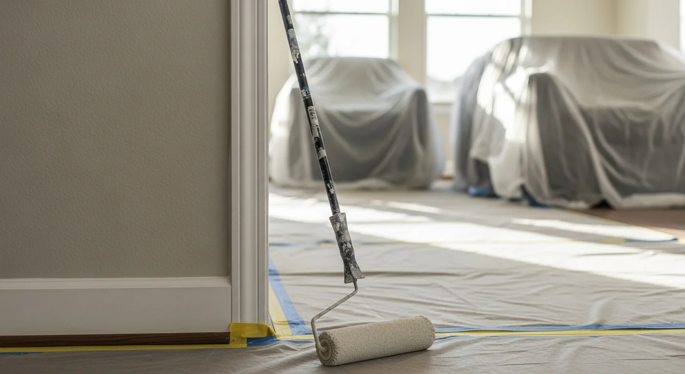 Interior of a Fair Oaks Ranch home showing freshly painted walls, white trim, and high ceilings after a professional painting job by Garcia Remodeling. Clean paint lines run along the trim and ceiling edge in a large open-concept living area.