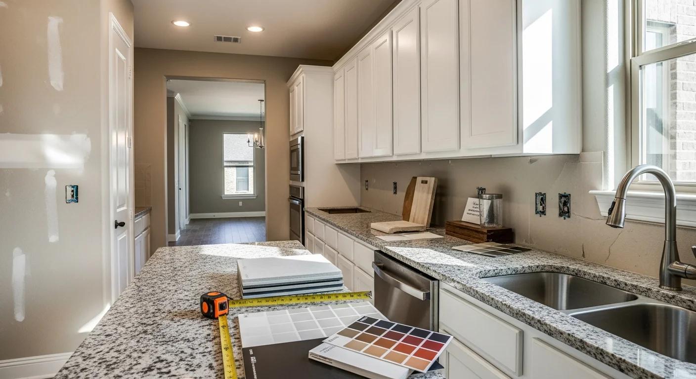 Remodeled kitchen interior in a Fair Oaks Ranch, TX home featuring updated cabinetry, new countertops, and an open layout connecting to the dining area. Natural light fills the space through windows overlooking a Hill Country lot.