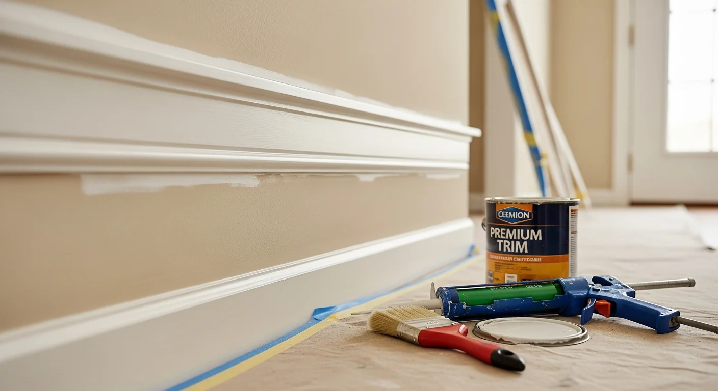 Freshly painted white crown molding and baseboards in a Fair Oaks Ranch, TX home with an open-concept living area. Clean brush lines where the trim meets the wall show a sharp, professional finish.